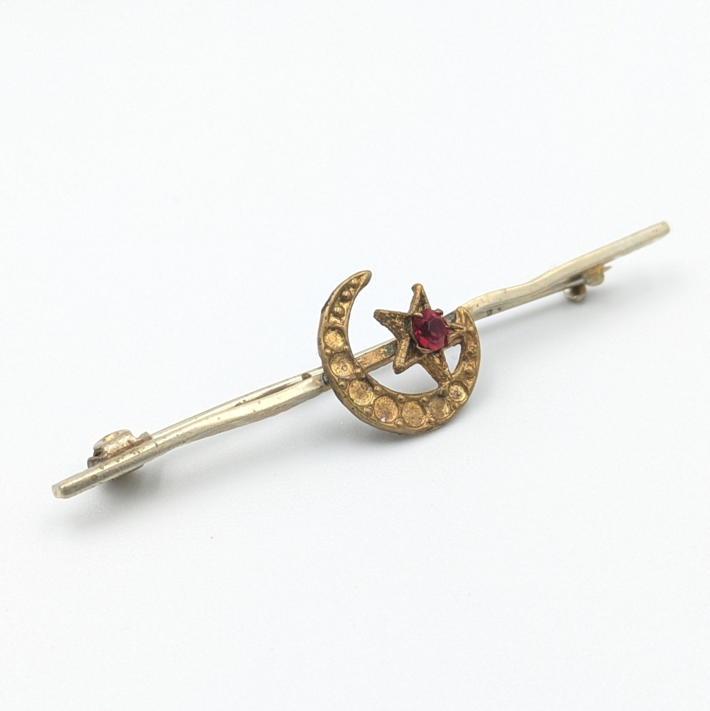 Antique Victorian crescent moon and star paste stone bar brooch pin